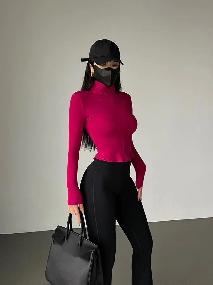 

Half Zipper Standing WOMENGAGA Neck Tees Women's Summer New Tight Long Sleeve Running Fitness Short Tops Top T Shirt IP8D