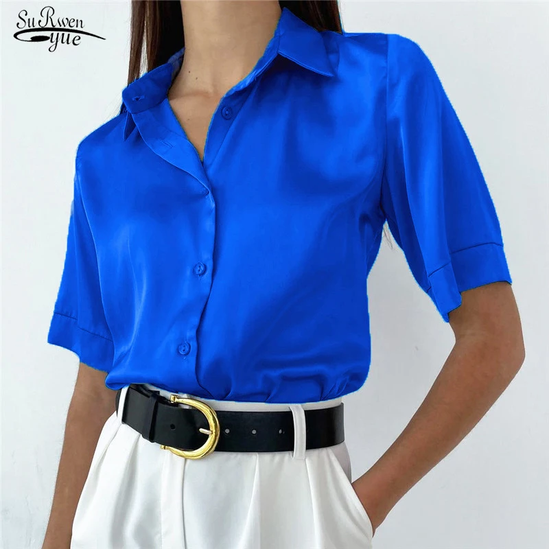 

2022 Casual Loose Buttons Summer Women Blouse Short Sleeved Satin Shirt Women Elegant Tops Office Lady Clothing Blusas 18917