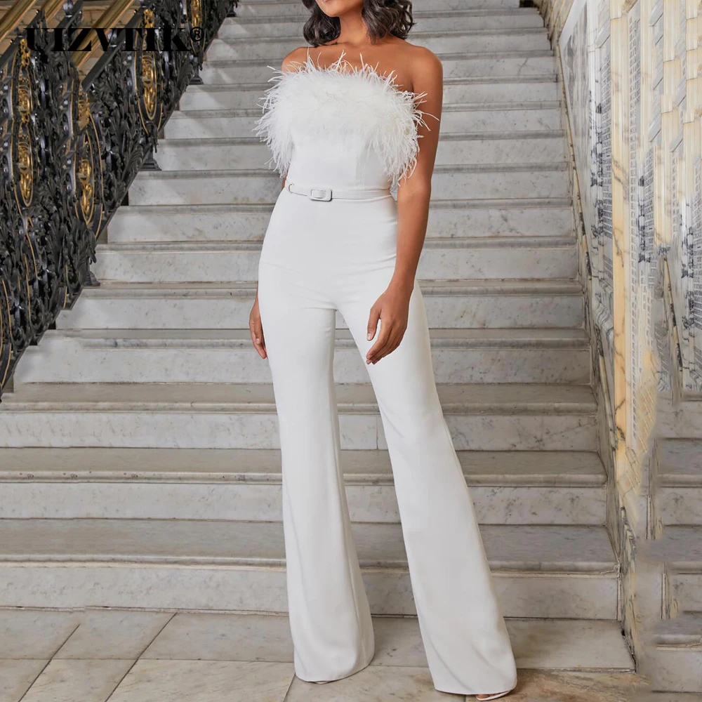

Elegant White Feather Summer Women Jumpsuit Sexy Strapless Romper Fashion Casual Office Lady Solid Straight Playsuit Mujer