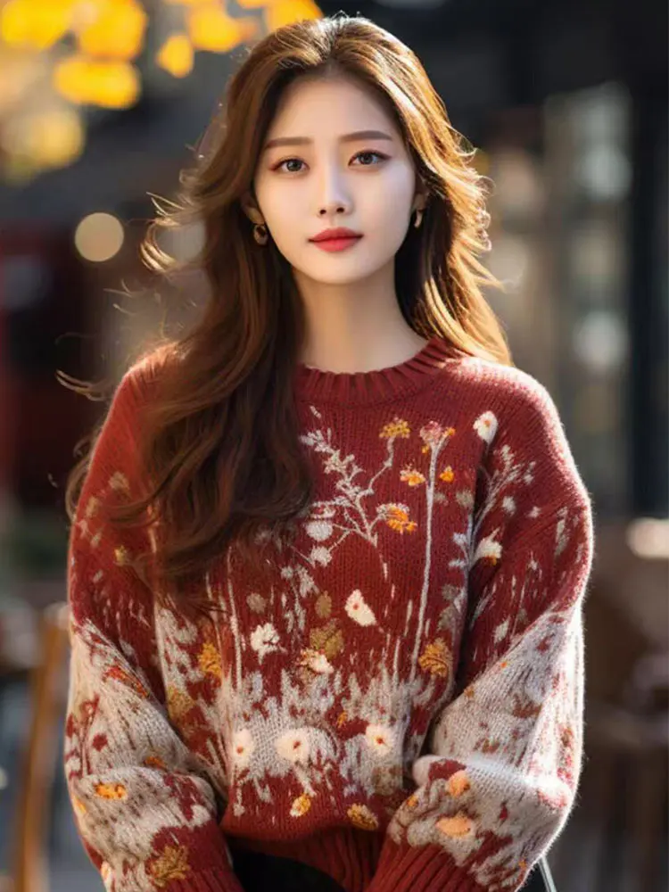 Рождественская одежда женский свитер с контрастным цветным принтом новинка 2024