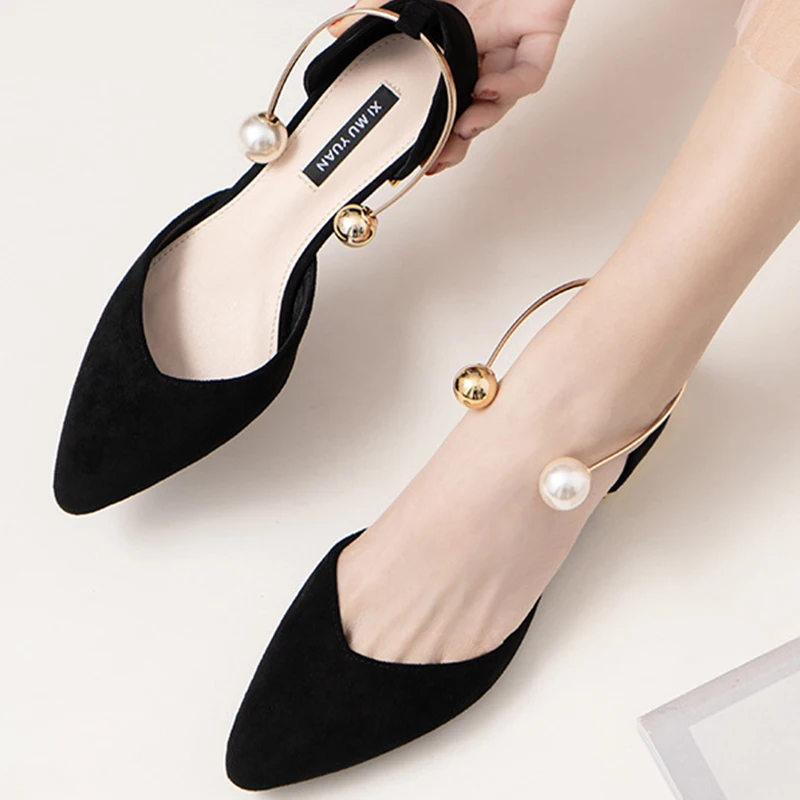 

Pearl Ring Solid Pointed Toe Flock Ballet Flats Woman Loafers Shallow Slip on Shoes Women Party Metal Low Heels Ballerina Femme