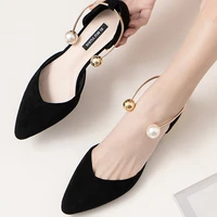 pearl ring solid pointed toe flock ballet flats woman loafers shallow slip on shoes women party metal low heels ballerina femme