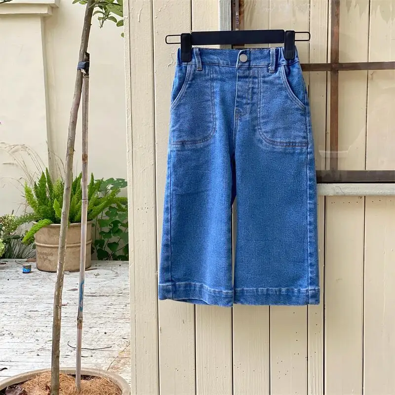 

2022 Pants Jeans Wide Leg Ankle Length Elastic Waist Button Fly Loose Straight Simple Fashion Solid Autumn Children Girls