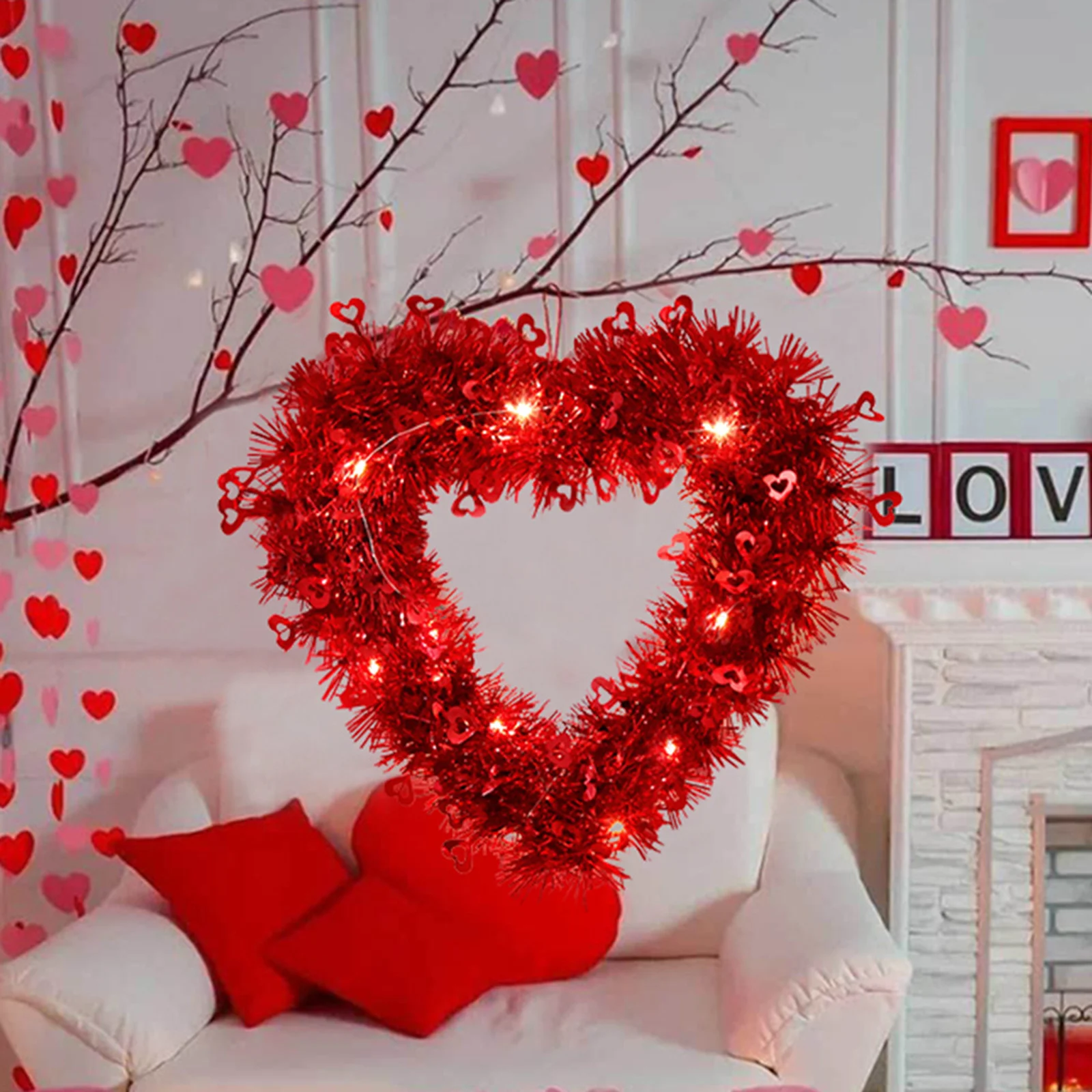 

Valentines Wreath For Front Door Tinsel LED Glowing Heart Shape Wreath Decoration Valentines Day Heart Shaped Wreath Sign