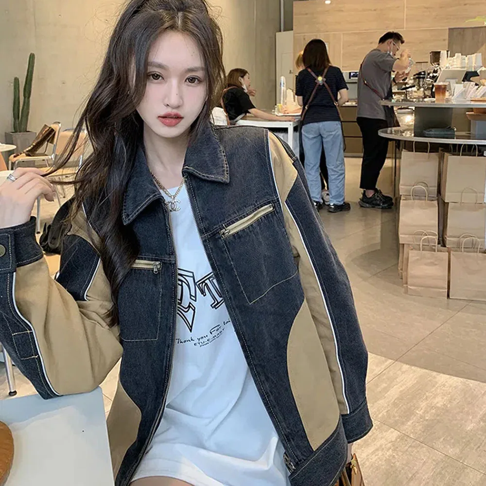

Spring Autumn New Women's Denim Jacket Fashion Loose Patchwork Casual Jean Coat Female Long Sleeve Zipper Chic Lapel Overcoats