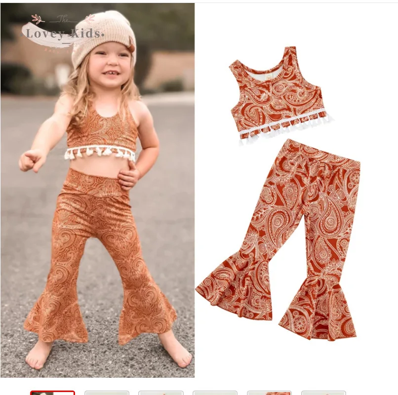 

2022 Summer Baby Girl Outfit 2PCS Set Printing O Neck Sleeveless Tassel Tops T-shirt Flare Pants Boutique Kids Clothing