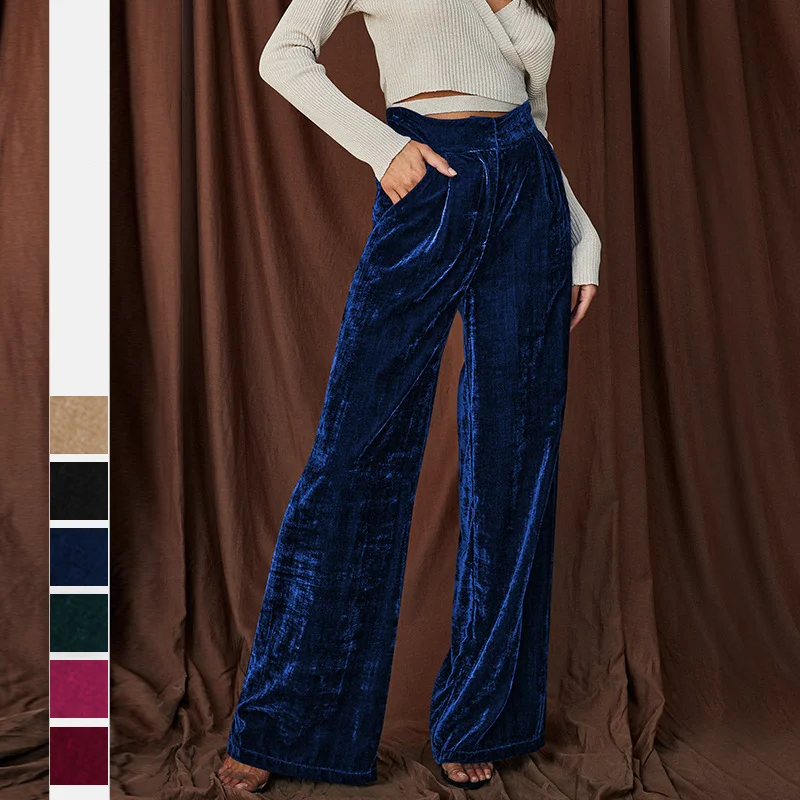 Women Temperament Commuter Pants Gold Velvet Sagging Wide Leg Pants Loose Relaxed Pants for Women