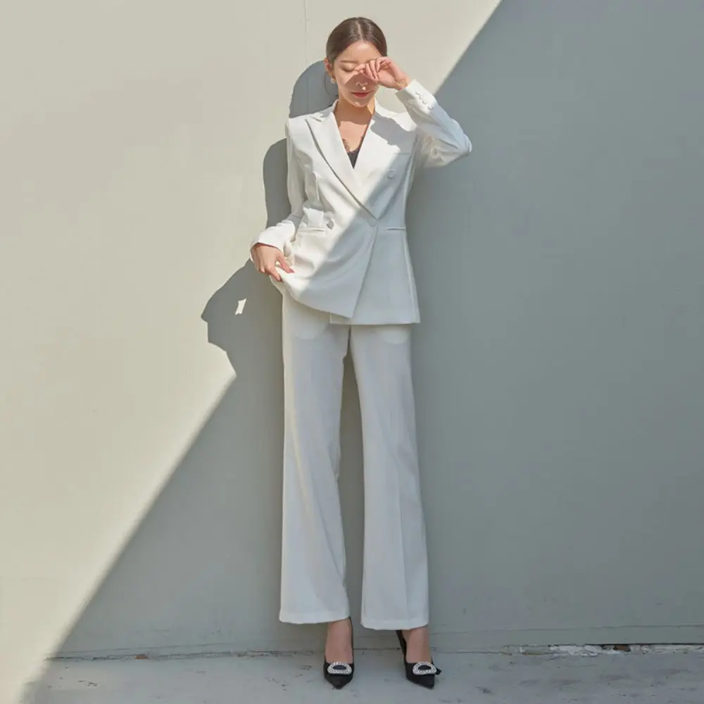 New 2-Pcs Suits For Women 2023 Korean Fashion Loose Long Sleeve Blazer+High Waist Wide Leg Pants Sets Office Ladies Наборы брюки