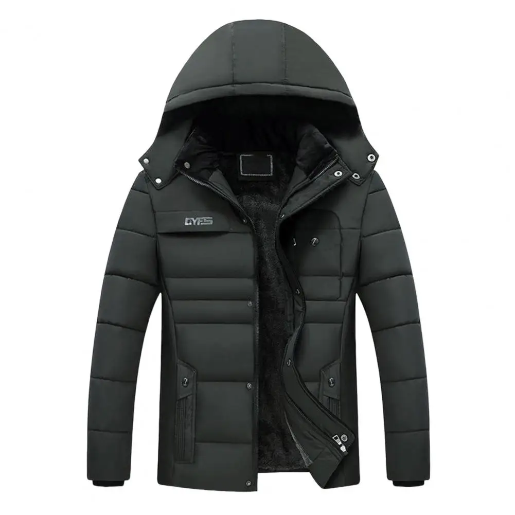 Men Hooded Coat Cotton Padded Plush Lining Solid Color Windbreaker Plus Size Cold Proof Hood Jacket Outwear Streetwear
