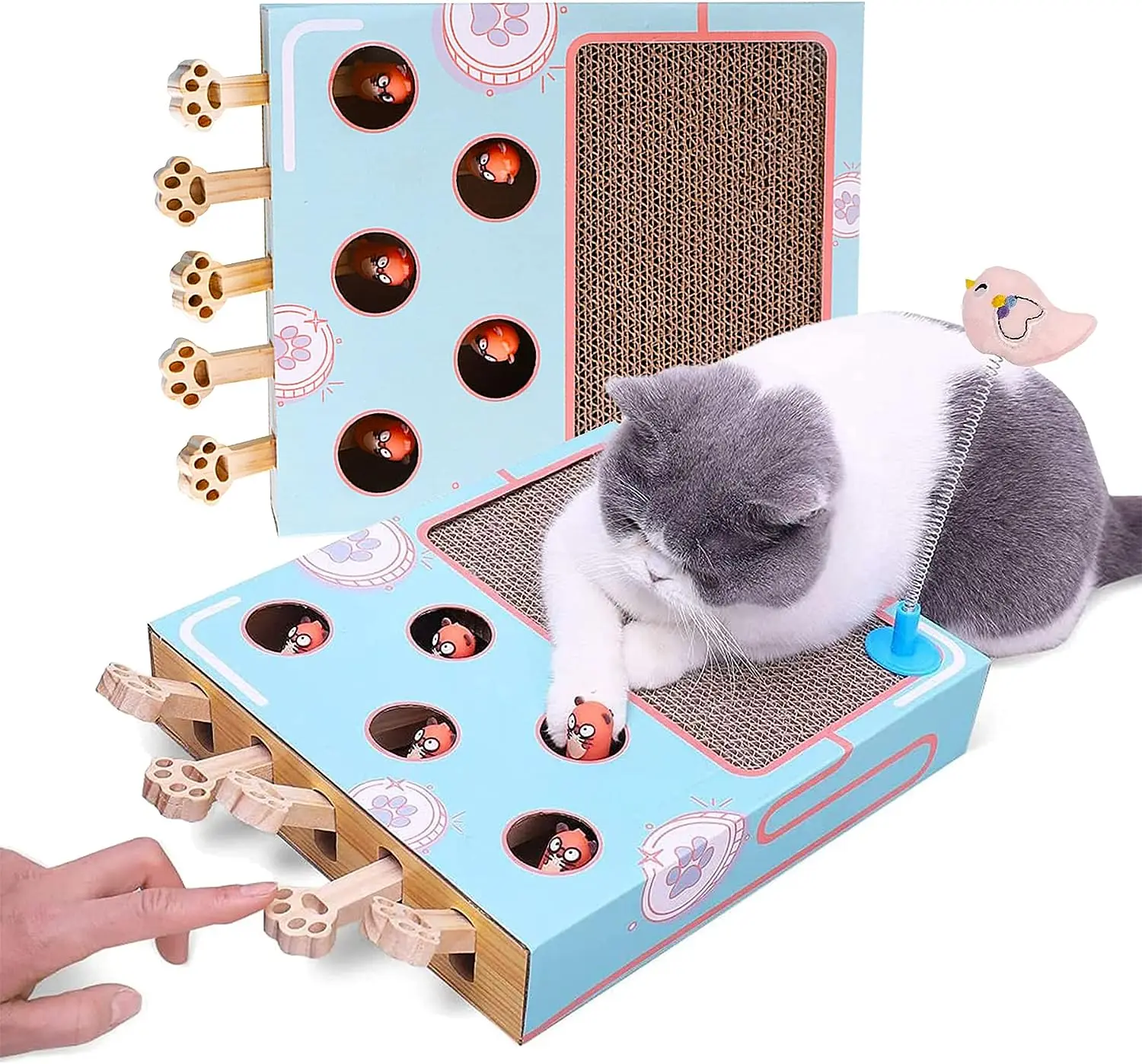 

Interactive Whack a Mole Toy with Scratching Pad, Multifunctional Cat Toys with Spring Plush Toys