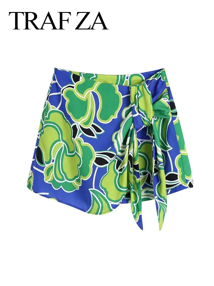 

TRAF ZA Summer Seaside Resort Beach Style Mini Ladies Culottes Bright Print High Street Fashion Trend Singles Women's Shorts