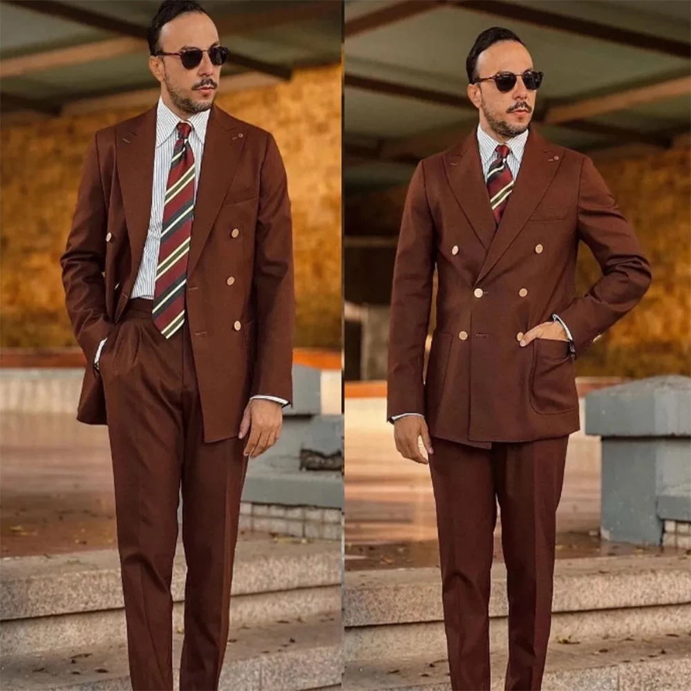 2022 Men Suit Tailor Made 2 Pieces Solid Brown Blazer Pants Double Breasted Business Wedding Formal Prom Daily Prom Tailored