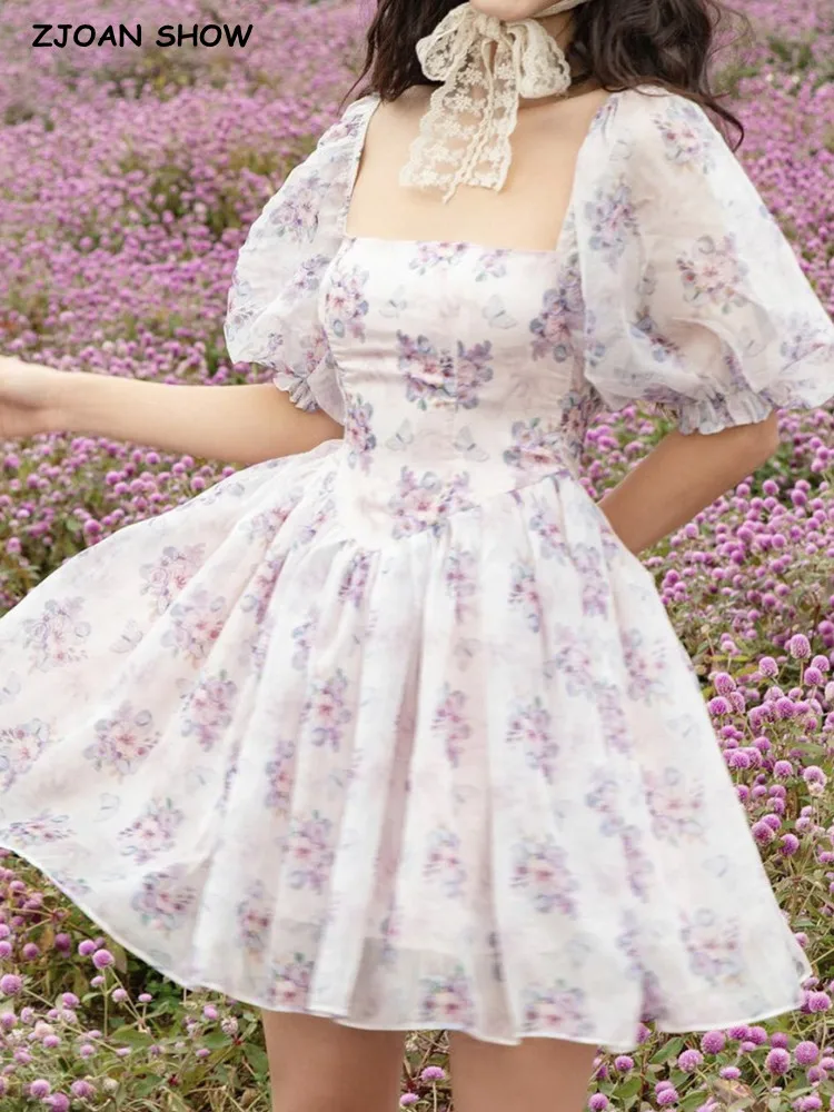 

Женское бальное платье из органзы, пышные короткие мини-платья с квадратным вырезом и цветочным принтом, лето 2022