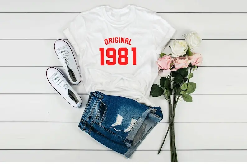 Купи 40th Birthday Gift For Him Her Original 1981 Birthday Gift For Women Men Short Sleeve Top Tees O Neck 100% Cotton Drop Shipping за 478 рублей в магазине AliExpress