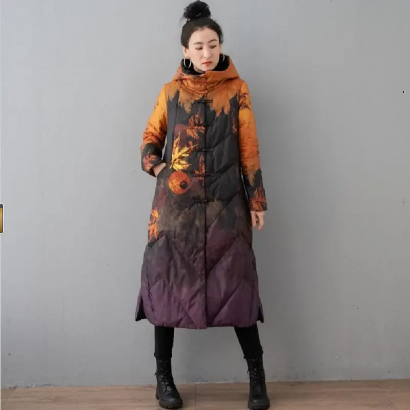 Down Cotton Coat Hooded Jacket For Women's 2022 Winter Medium Long Loose Oversized Clothing Retro Printed Parkas Abrigos T1641