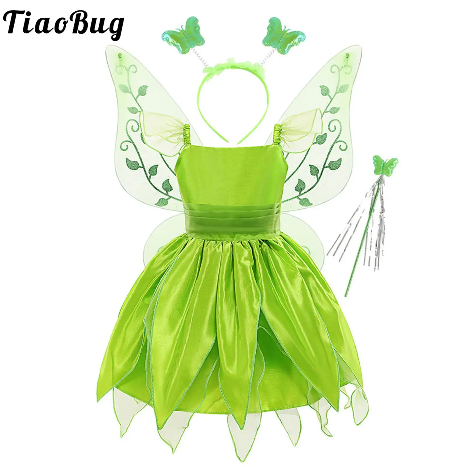 

Children Girls Sleeveless Elf Cosplay Dress with Hair Hoop Wand Wings Tinker-Bell Princess Costumes Halloween Dress Up Party