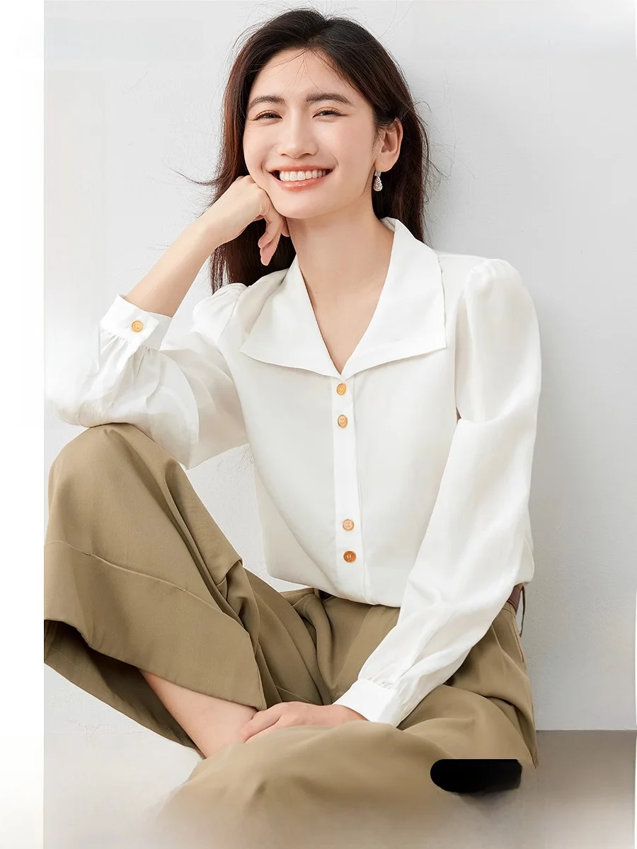 Longvenstein French sle Lapel White Shirt Women 2024 Autumn clothes New Elegant Chic Design Short sleeve Top |