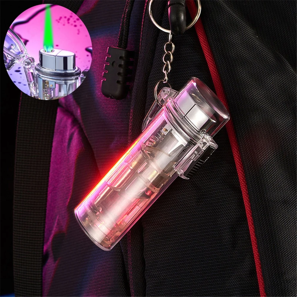 

New Creative Gradient Color Butane Gas Jet Lighters Transparent Waterproof Green Flame Detachable Ashtray Case Lighter Men Gift