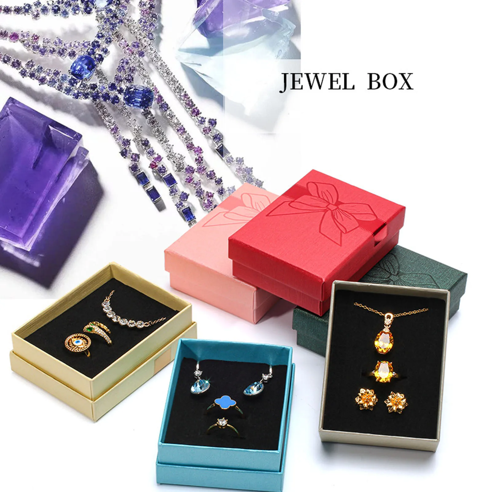 24pcs Bowknot Pattern Paper Jewelry Box Set Rectangle Snap Cover with Sponge Necklace Ring Earring DIY Packaging 8.95x6.85x3.1cm