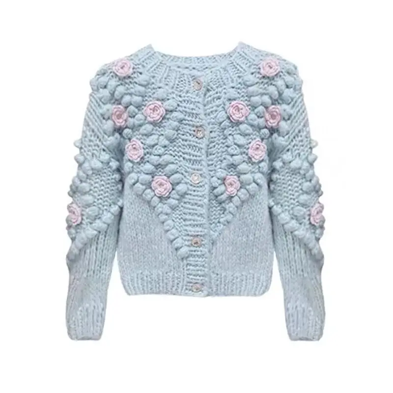

Fashion Girl's Sweet Blue Plaid Embroidered Floral Cardigan Sweater