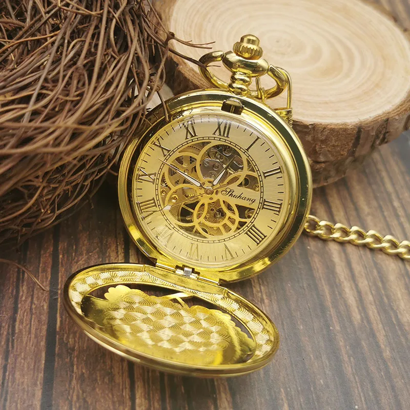 Gold Engraved Vintage Mechanical Pocket Watch Pendant With Chain Roman Numerals Display Men Women Fashion Gift