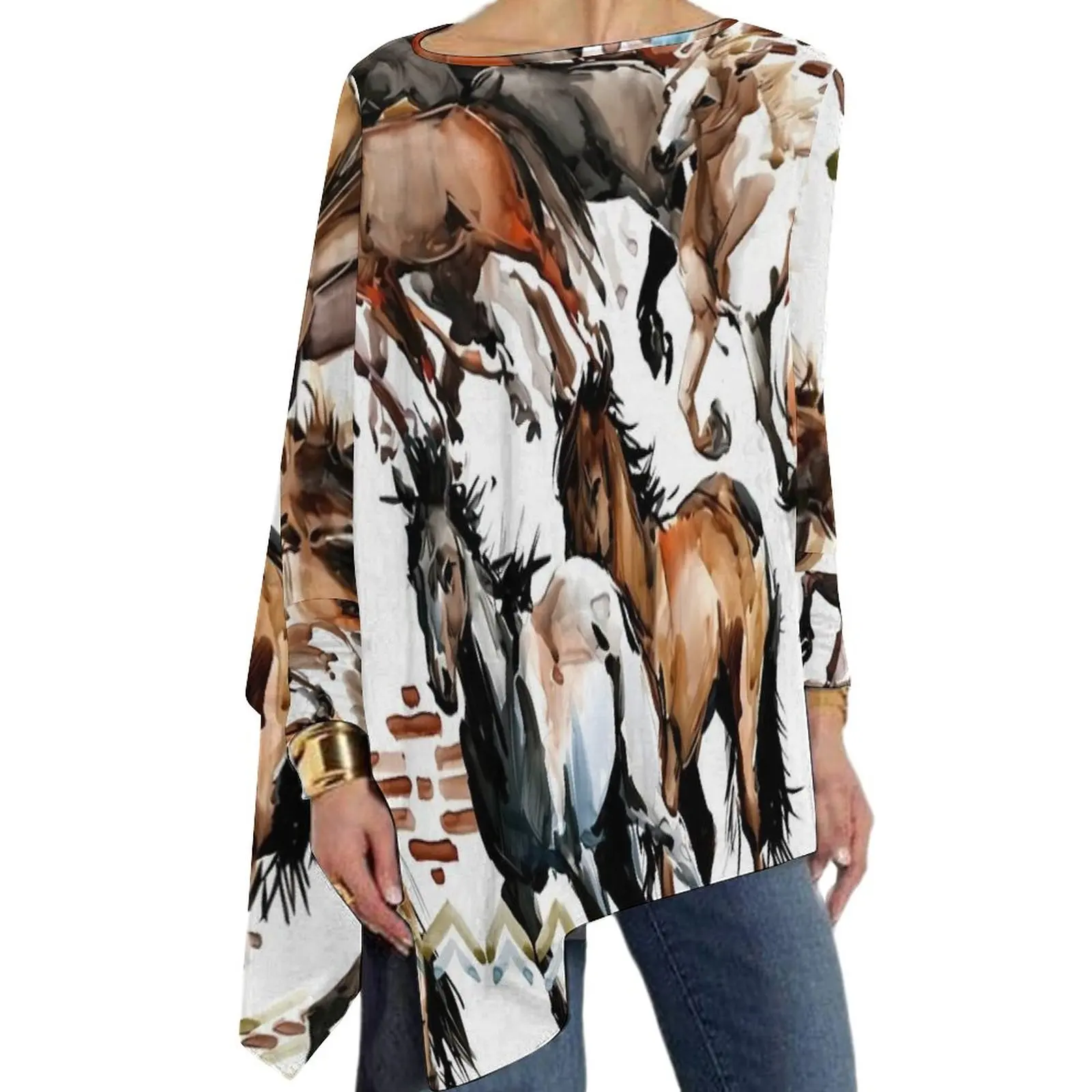 

Watercolor Horse T-Shirt Retro Print Trendy Long Sleeve T-Shirts Street Fashion Oversized Tee Shirt Women Printed Clothes Gift