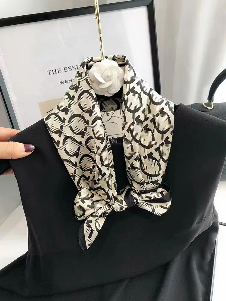 

BYSIFA|Black White Natural Silk Scarf Headscarf New Fashion Geometric Design Spring Fall Neck Scarf Hijab Sweet Headband 65*65cm