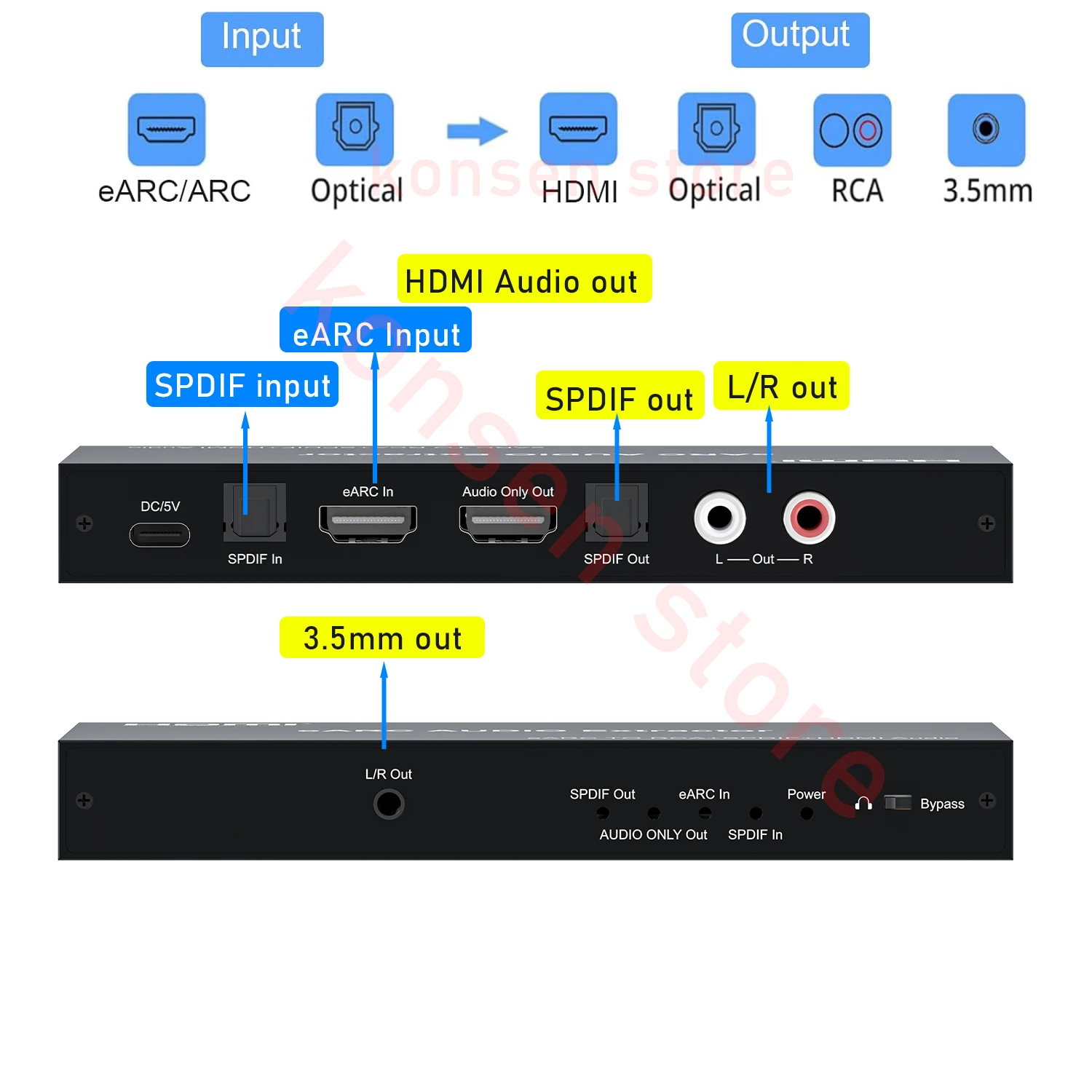 Фото Аудиоконвертер 192 кГц eARC/ARC: HDMI eARC в 7.1-канальный HDMI (только аудио) + SPDIF + R/L + 3,5 мм для подключения телевизора к саундбару/усилителю №2