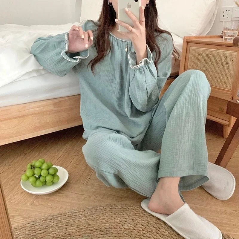 QWEEK Cotton Women's Pajamas Korean Sleepwear Female Set Nightwear Autumn Pijama Long Sleeve Pyjamas Home Suit Nightie Homewear