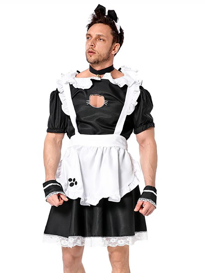 

Mens Male Sissy French Cat Hole Maid Uniform Fancy Costume Clubwear Dress with Choker and Headband Stage Kitten Funny Cross Show