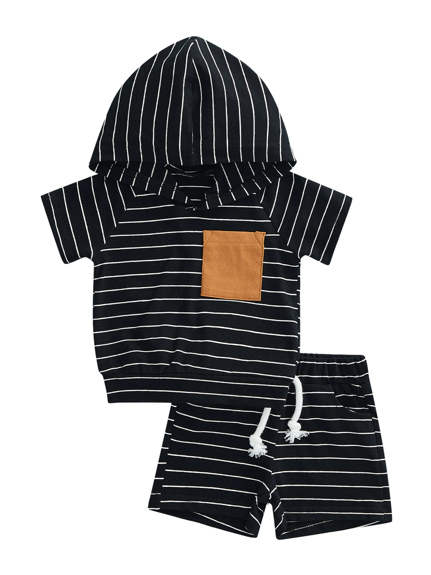 

Детский костюм из двух предметов для мальчиков, пуловер с капюшоном и коротким рукавом в полоску, худи, эластичные шорты с Кулиской