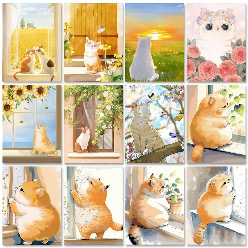 

RUOPOTY Diy Painting By Numbers Lovely Cats Cartoon Picture Animal Handpainted Acrylic Paint On Canvas Crafts For Wall Art Pictu