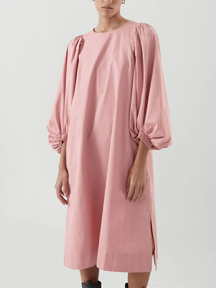 

Women Pink Knee-length Cotton Dress 2022 Spring Summer new O-neck Loose Slit Casual Puff Sleeve Female Robe