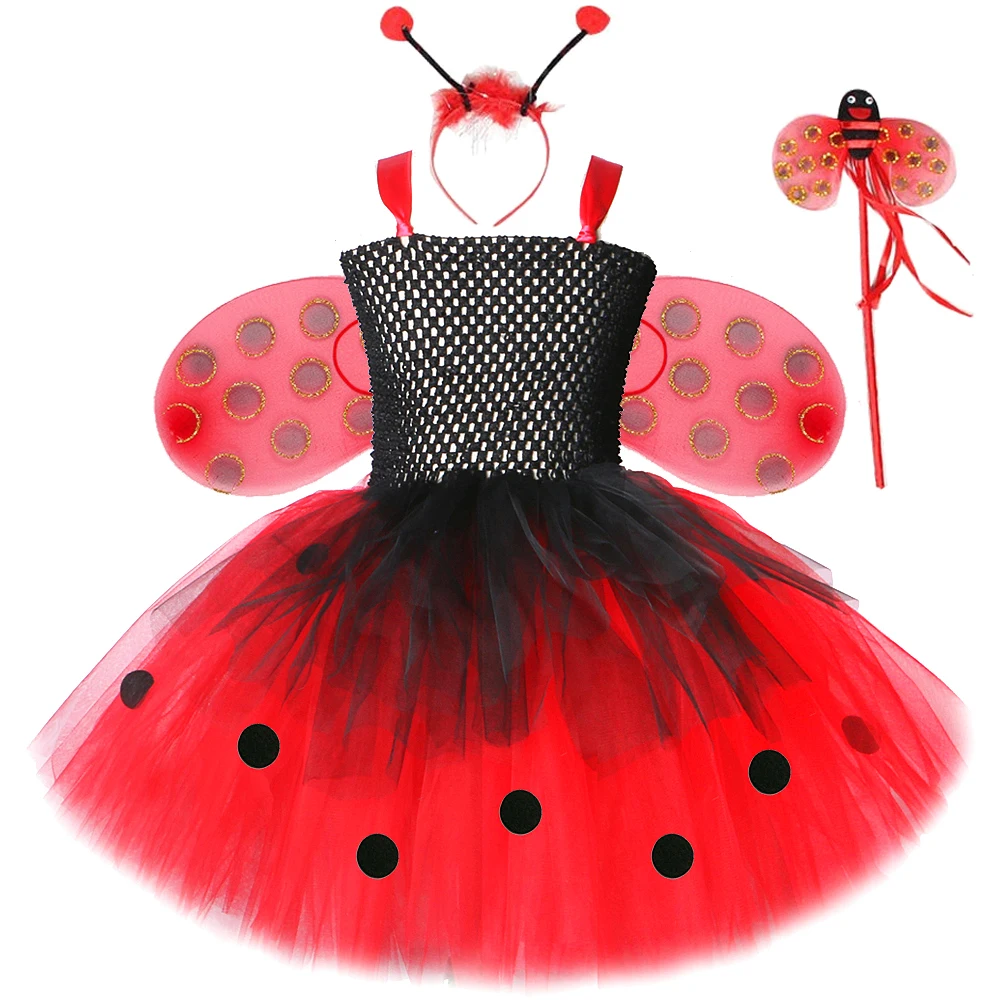 Lady Beetle Tutu Dress for Baby Girls Birthday Halloween Costumes with Wings Kids Fairy Dresses Outfit Child Polka Dots Clothes