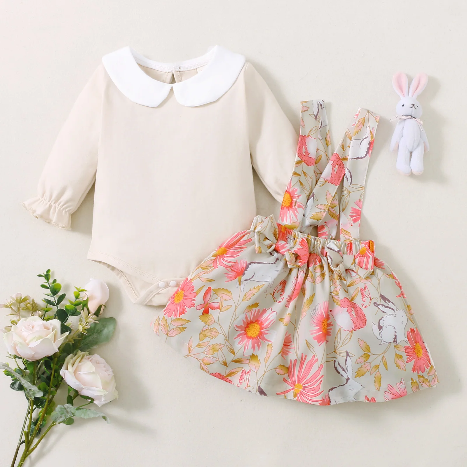 

hibobi Baby Girl 2pcs Autumn Suit Doll-collar Long Sleeve Solid Bodysuit Bow Floral Suspender Skirt Two-piece Set