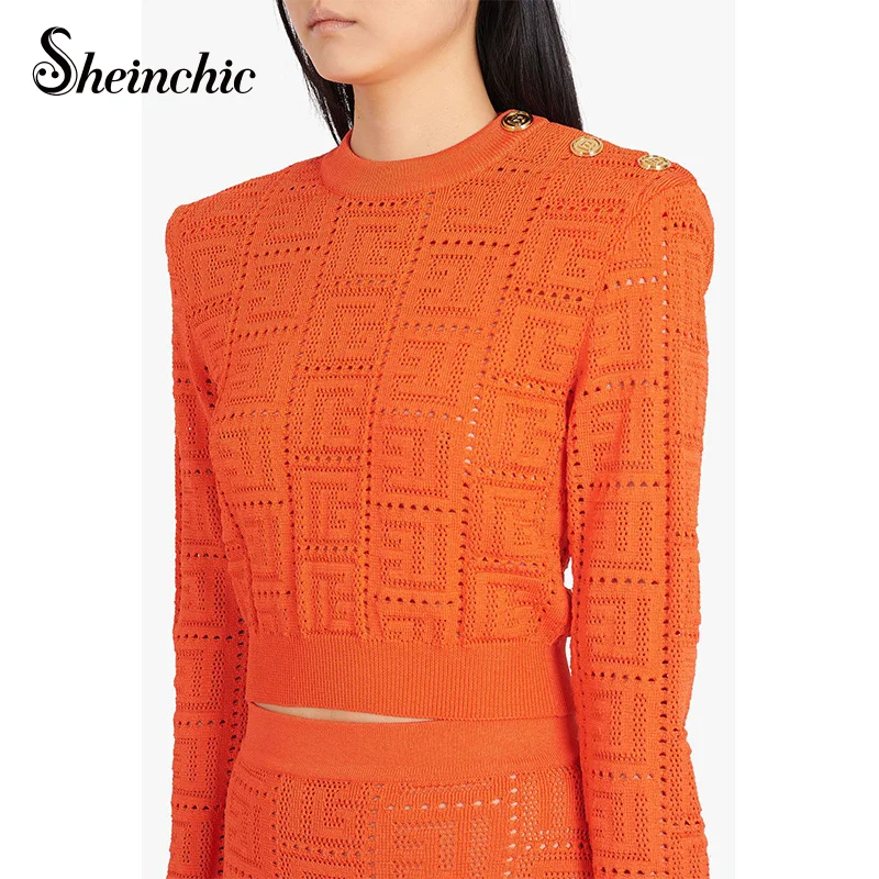 

Runway Designers Tops for Women Autumn Luxury Gold Buttons Knitted Sweater Mujer White/black/orange Pull Femme Hiver 2022