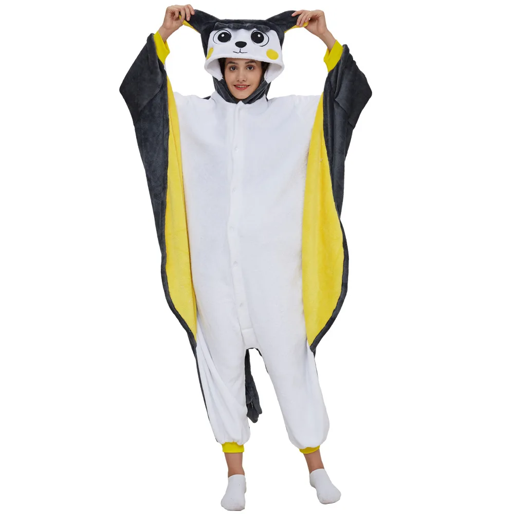 Winter Women Unisex Adult Kigurumi Flying Squirrel Onesies Animal Pajamas Flannel Nightie Sleepwear Halloween One-piece Jumpsuit