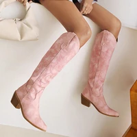 pink western cowboy boots women wedge knee high boots chunky heels pointed toe knight boots shoes 2022 new botas femininas
