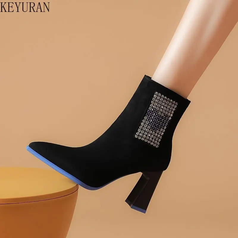 

High Heels Women Rhinestone Ankle Boots 2022 Autumn Winter Fashion Black Chunky Heel Pointed Toe Back Zip Short Botas De Mujer