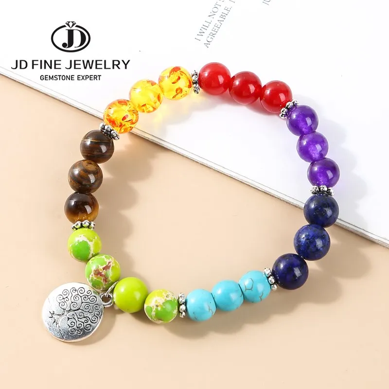 

JD Seven Chakras Life of Tree Charms Bracelet Men Women Natural Stone 8mm Beads Energy Bangles Yoga Meditation Wristband Gifts