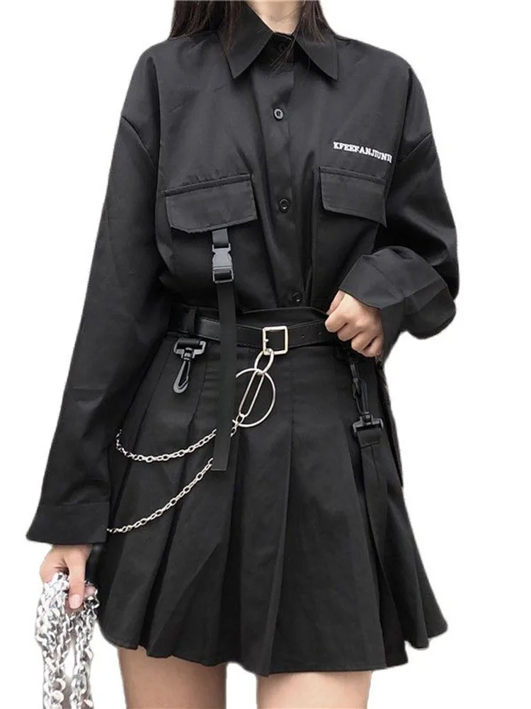 2 Piece Set Dark Streetwear Long Sleeved Shirt + Pleated Skirt Hip Hop Two-Piece Female Ribbon Chain Skirt