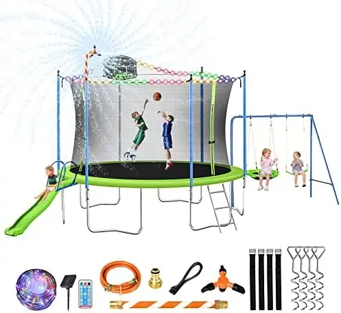 

14FT Trampoline with Slide and Swings, ASTM Approved Large Recreational Trampoline with Basketball Hoop and Ladder,Outdoor Backy