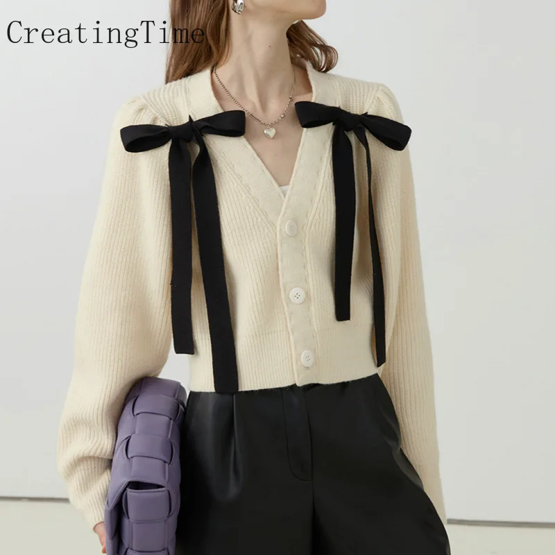 

Sweet Bow Knitted Cardigan Women's Autumn 2022 New Solid Color Top V-neck Single Breasted Korean Style Fashion Sweater LH651
