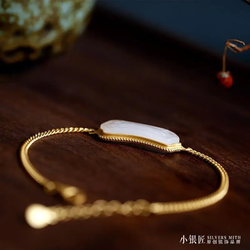 

[Ruyi Ling] Original S925 Sterling Silver Ancient Gold Bracelet Female Natural Hetian Jade Retro Style Temperament Bracelet