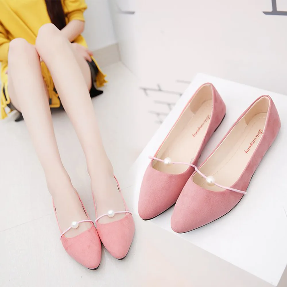 

Women Suede Flats Designer Sneaker Heel Pearl Loafer Pointed Toe Ballet Dancing Flock Shoes Trend Platform