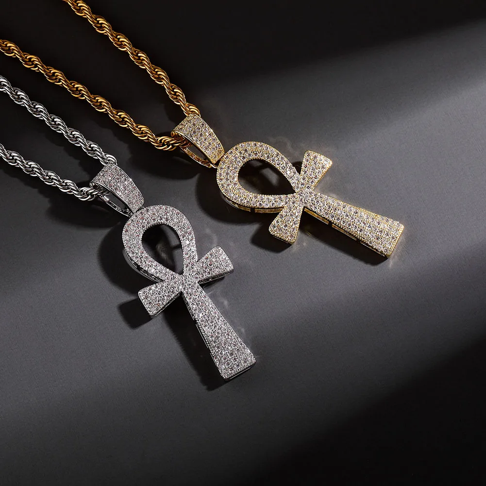 

Hip Hop New Style Ankh Necklace Copper Gold/Silver Color Plated Micro Paved AAA CZ Stone Pendant Necklace Rope Chain