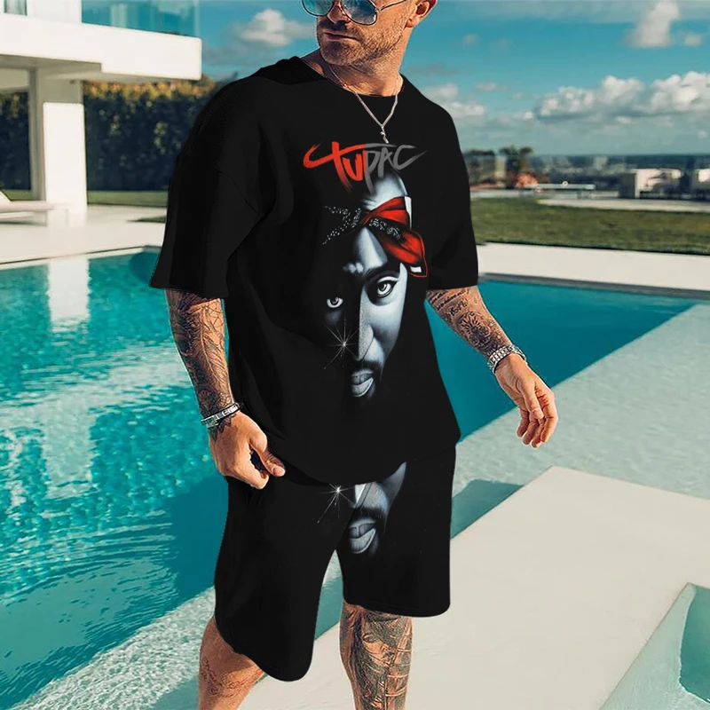 New 3D Printed Men's Suit Sportswear Rapper 2pac Summer Men's Tracksuit Oversized Casual Short Sleeve Men T-shirt Set