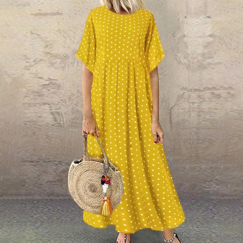 

Vintage Maxi Dress Women Spring Summer Short Sleeve Buttons Printed Long Dresses Casual Loose Big Swing Dress Robe Vestidos