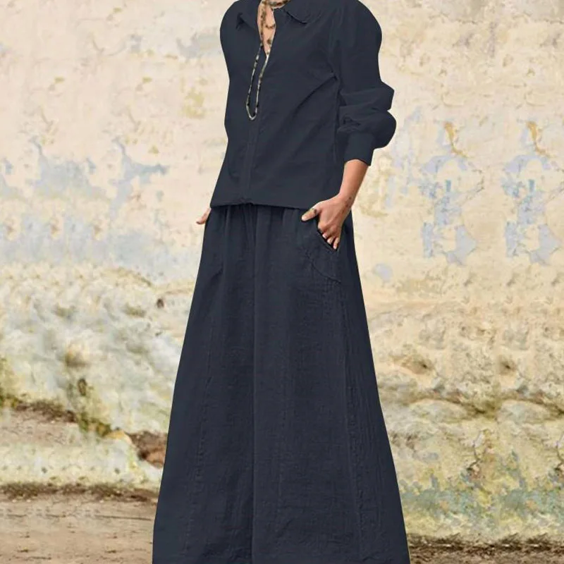 

Женская рубашка с длинным рукавом, топ на пуговицах с лацканами и брюки с широкими штанинами, комплекты из двух предметов, повседневный одно...