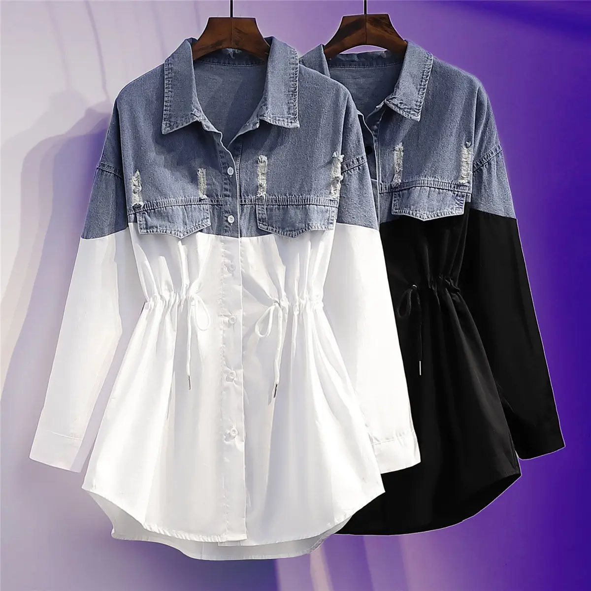 

Shirt Coat Women's Spring 2022 Fashion Plus Size Women Waist Slimming All-Matching Jeans Patchwork Shirts Cotton Plus Size 4XL